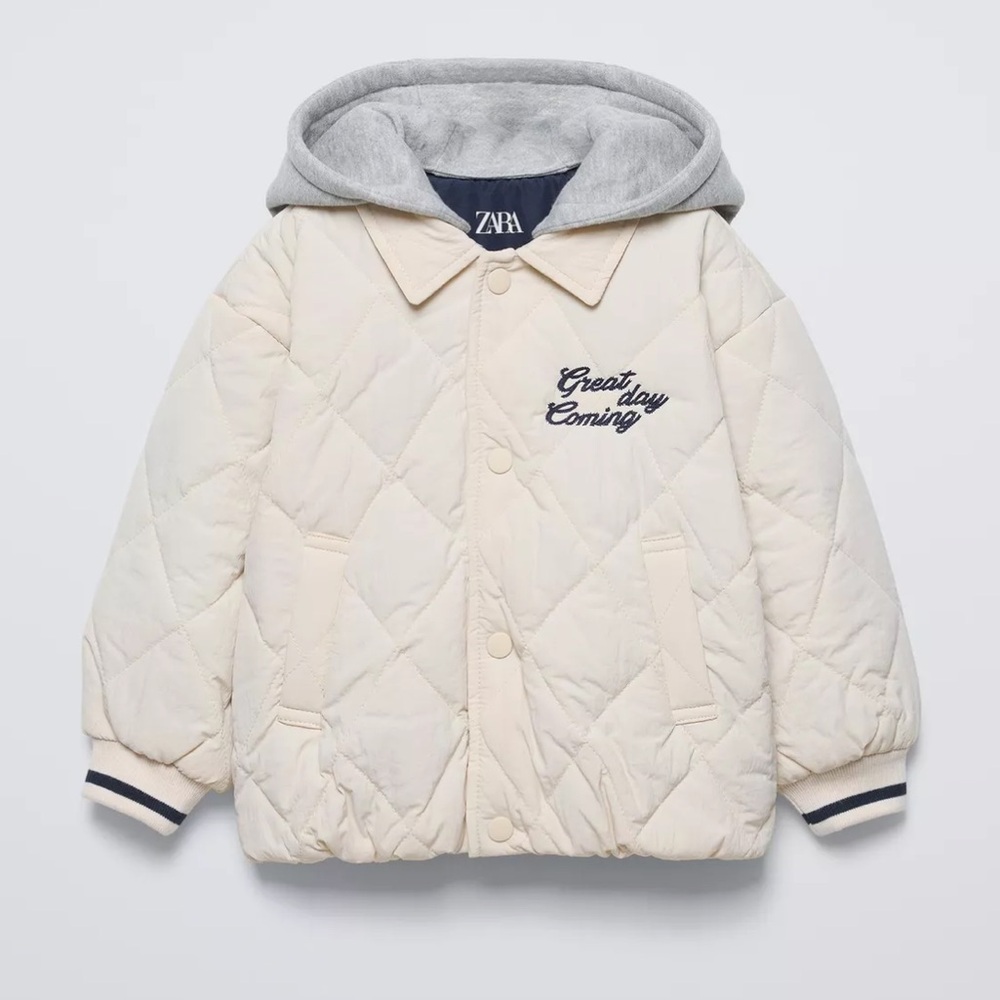 Zara Cream Quilted Jacket with Gray Removable Hood
